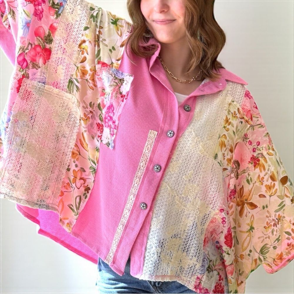 POL Pink Oversize Top Crochet Boho Lace Patchwork Contrast Size MEDIUM NEW - Picture 7 of 9
